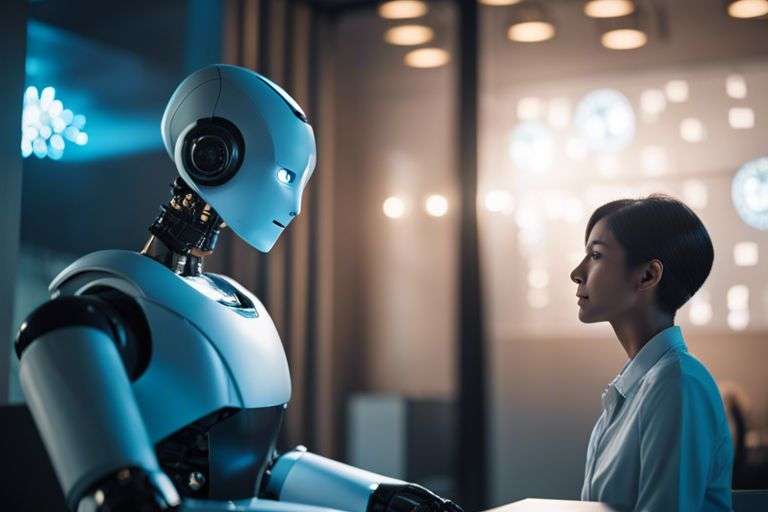 Woman interacting with advanced humanoid robot.