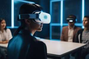 People using virtual reality headsets in modern office.
