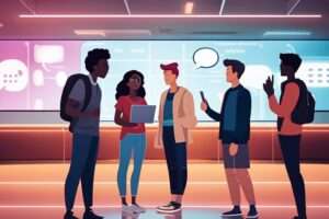 Group of students talking with digital background.