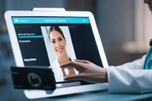 Doctor engaging in a telemedicine consultation via tablet.