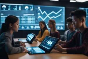 Team analyzing data on digital tablets in high-tech office.