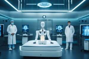 Robot on table in high-tech medical lab.