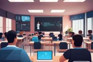 Illustration of a classroom with a teacher presenting.