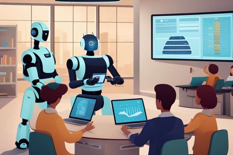 Robots interacting with humans in modern office setting.