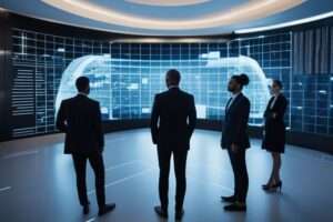 Professionals in high-tech control room analyzing data displays.