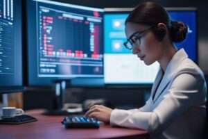 Woman analyzing data on multiple computer screens.