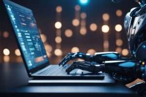 Robot using laptop with futuristic interface, technology concept.