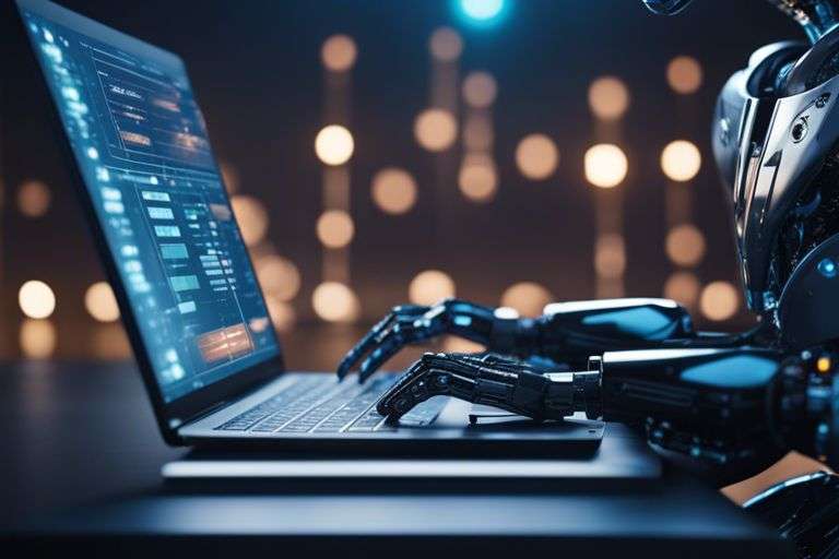 Robot using laptop with futuristic interface, technology concept.