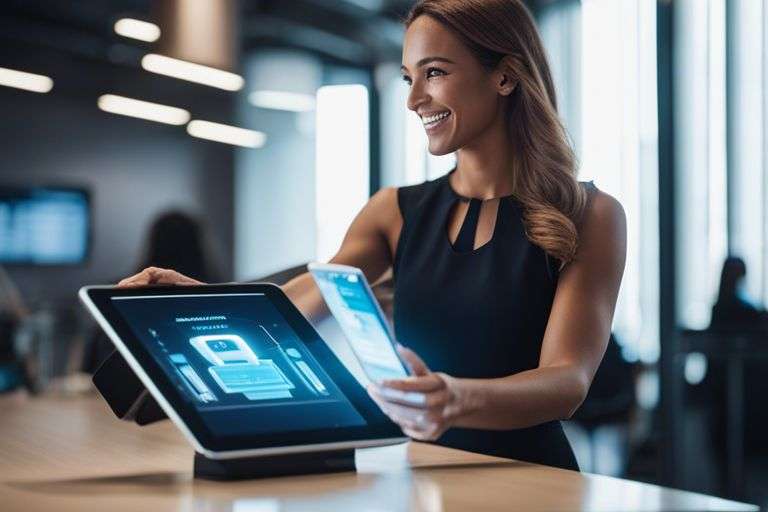 Woman using interactive display at a modern workplace.