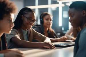 Teenagers smiling at computer in modern classroom.