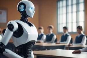 Robot teacher with students in classroom.