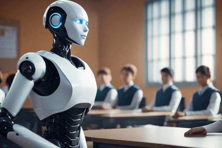 Robot teacher with students in classroom.