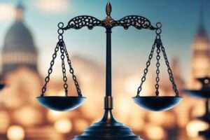 Scales of justice silhouette before governmental buildings.