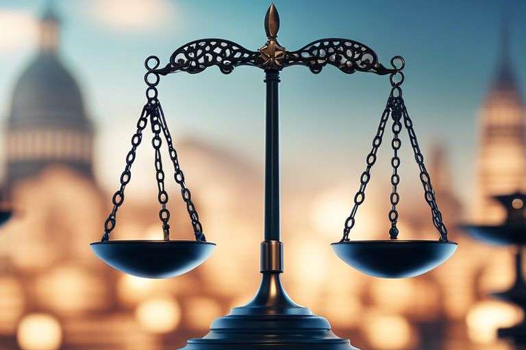 Scales of justice silhouette before governmental buildings.