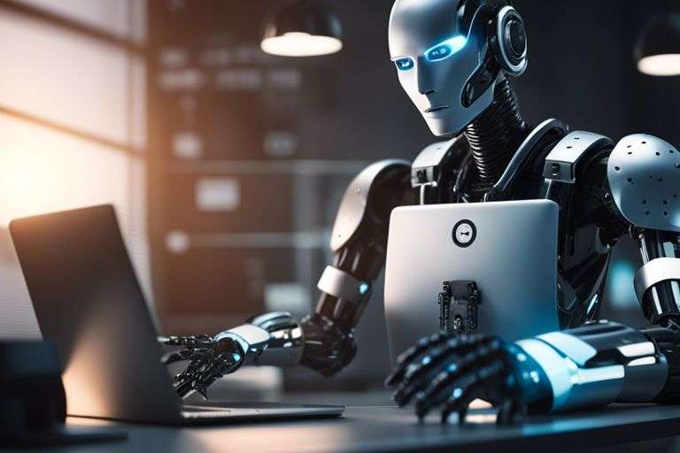 Robot typing on laptop in modern office setting.