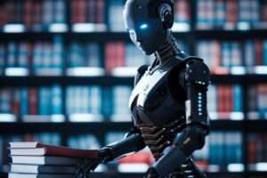 Advanced humanoid robot reading books in library.
