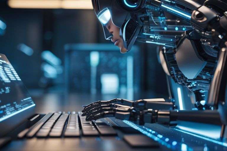 Futuristic robot typing on computer keyboard in high-tech room.