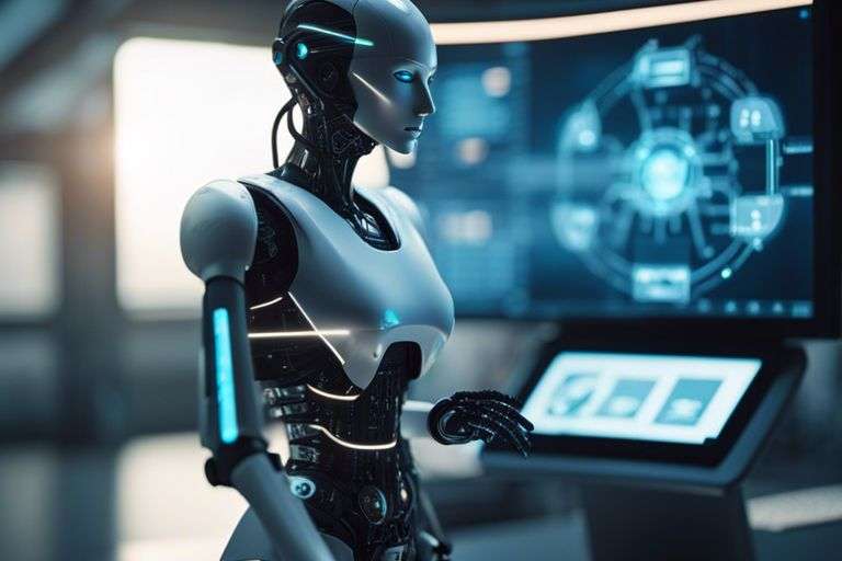 Humanoid robot with futuristic interface background.