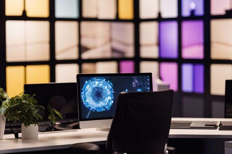 Modern office with computer and digital screen.