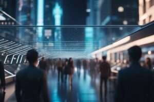 People walking on modern city pedestrian bridge at night.