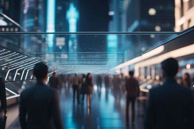 People walking on modern city pedestrian bridge at night.