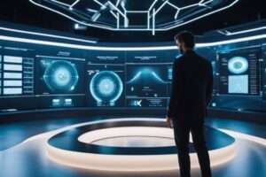 Man in futuristic control room with digital screens.