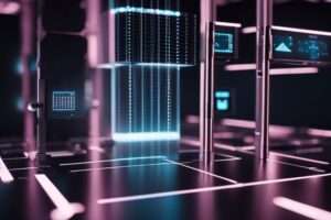 Futuristic server racks in data center with neon lights.