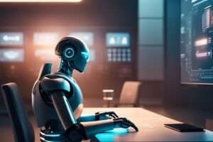 Robot analyzing data on futuristic computer screens.