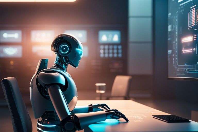 Robot analyzing data on futuristic computer screens.