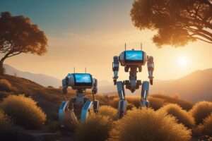 Robots walking through scenic sunset landscape.