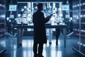 Scientists working in modern laboratory setting