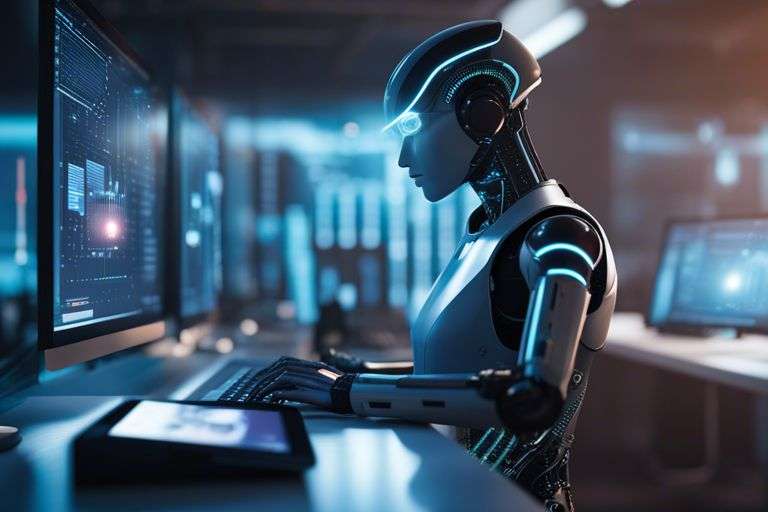 Robot analyzing data on computer screens in tech room.