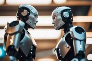 Two humanoid robots facing each other.