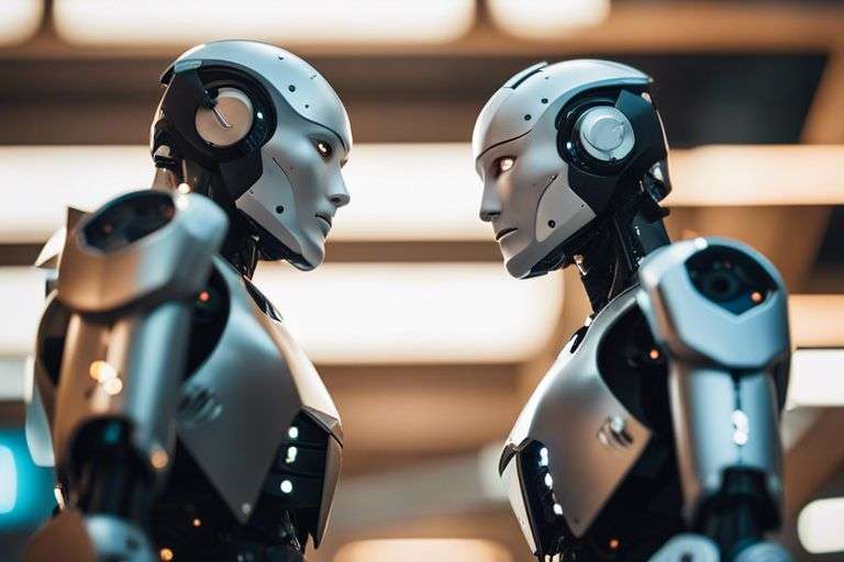 Two humanoid robots facing each other.