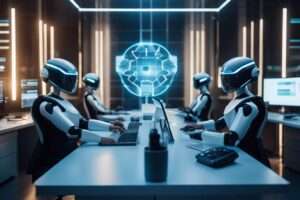 Robots working at computers in futuristic office setting.
