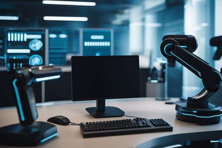 Modern robotic workstation with computer monitors.