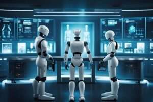 Robots in high-tech control room setting