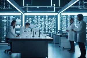 Scientists working in modern laboratory setting.