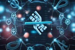 Digital DNA strands with biotech symbols.