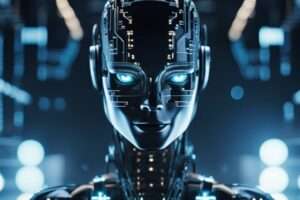 Futuristic female robot with glowing blue eyes.