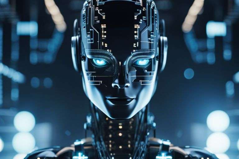 Futuristic female robot with glowing blue eyes.