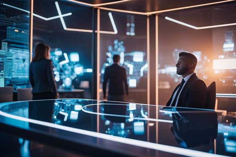 Professionals in futuristic office setting with digital displays.