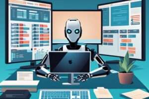 Robot using computer in modern office setup.