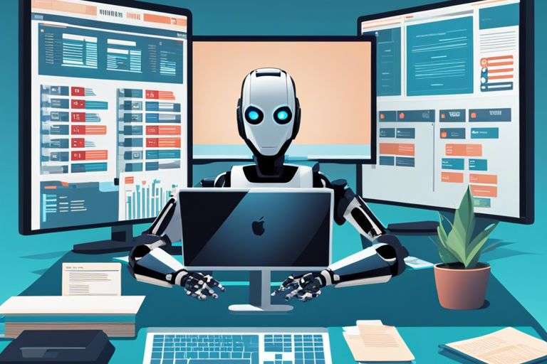 Robot using computer in modern office setup.