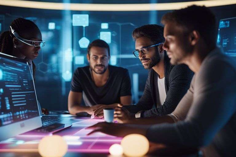 Team collaborating on tech project in office.