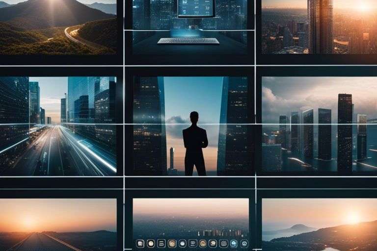Man silhouetted against futuristic cityscape screens.