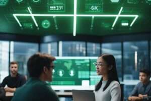 Team collaborating in high-tech control room.