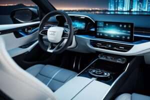 Luxury car interior at night with city skyline.