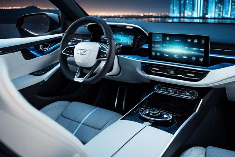 Luxury car interior at night with city skyline.