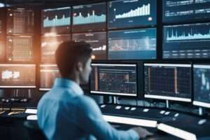 Person monitoring data on multiple computer screens.